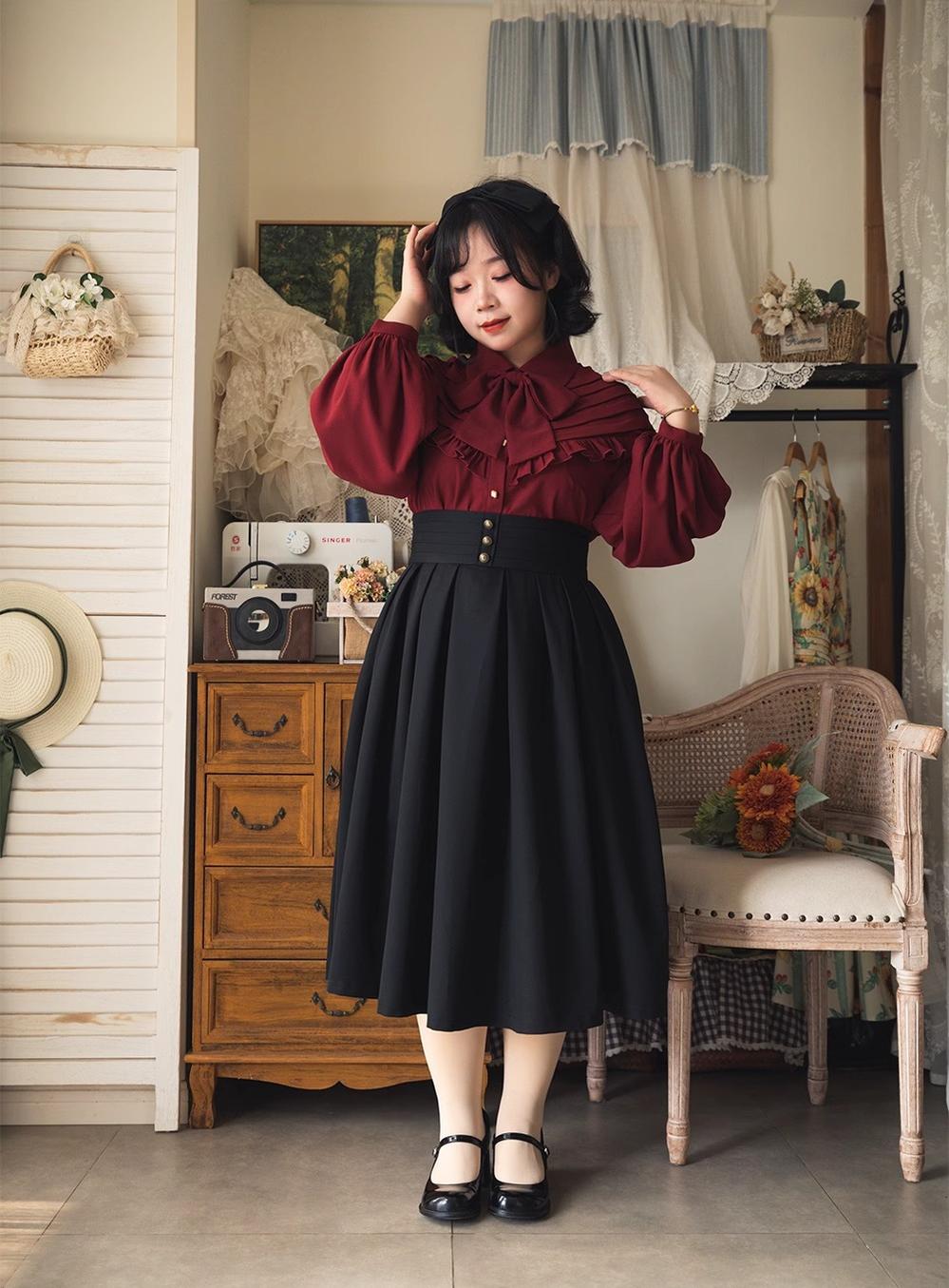 Forest Wardrobe - Forest Basket - Elegant Lolita Blouse, Vintage Bow Tie