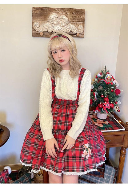 Labeau - Christmas Vintage Lolita Skirts Doll Collar Blouse Plaid Skirt Set