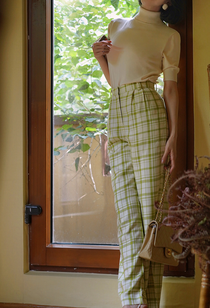 Yellow-green plaid wide-leg pants