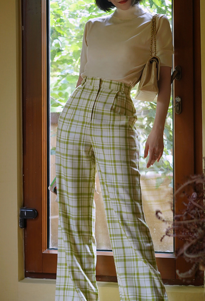 Yellow-green plaid wide-leg pants