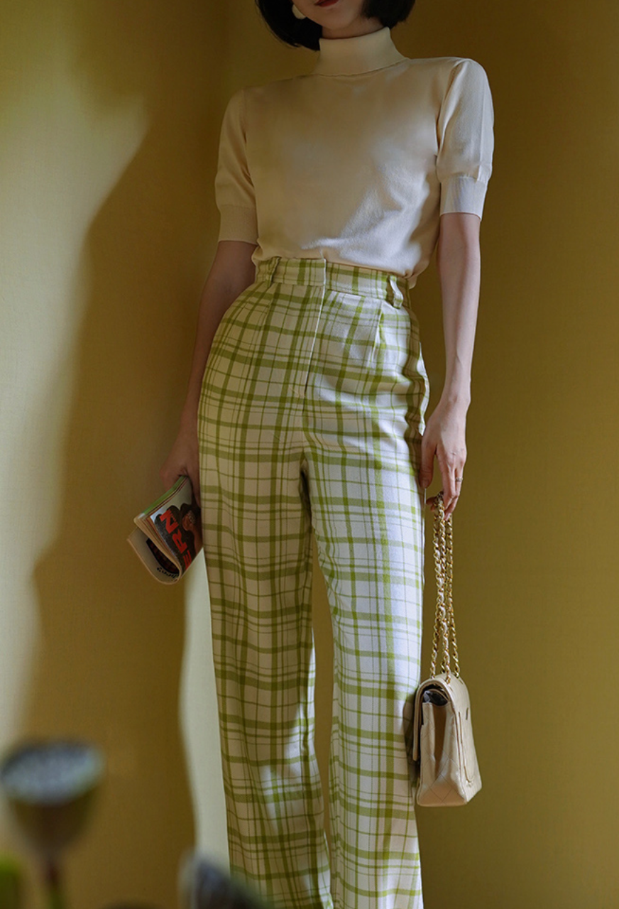 Yellow-green plaid wide-leg pants