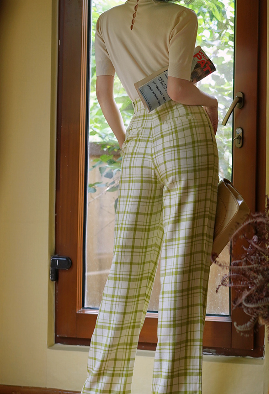 Yellow-green plaid wide-leg pants