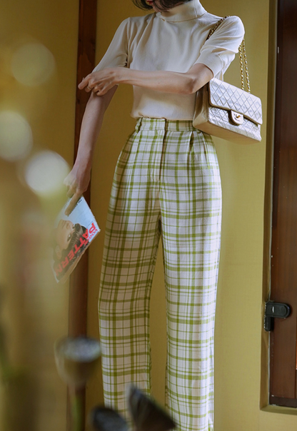 Yellow-green plaid wide-leg pants