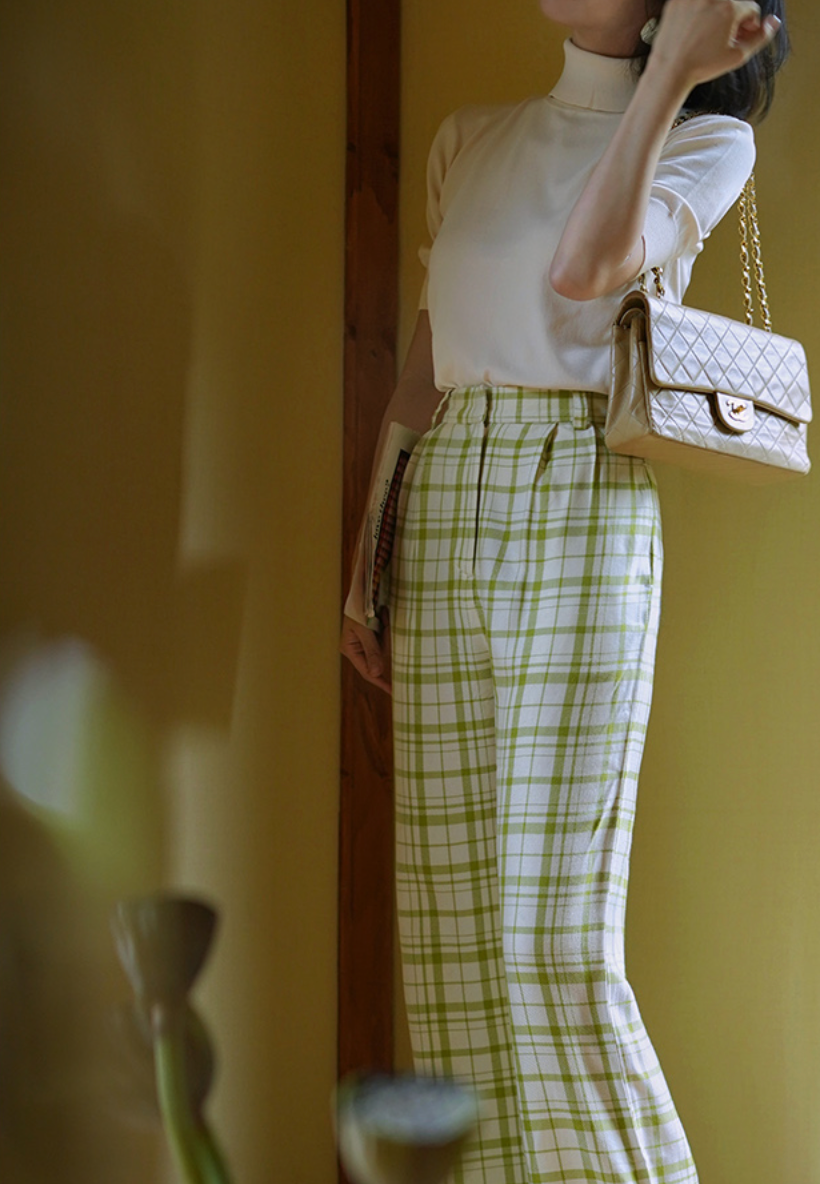 Yellow-green plaid wide-leg pants