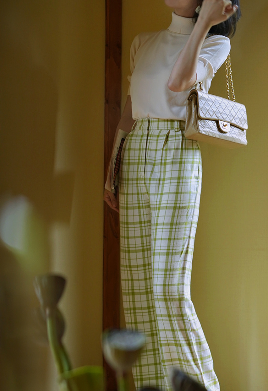 Yellow-green plaid wide-leg pants