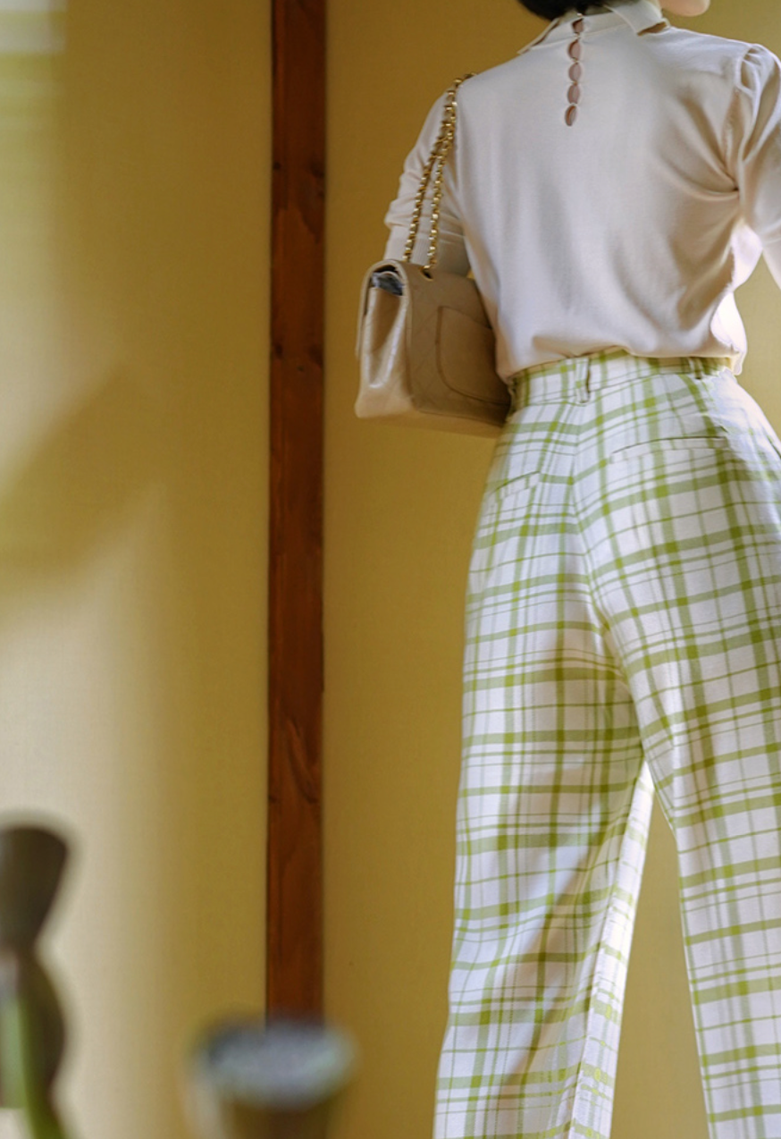 Yellow-green plaid wide-leg pants