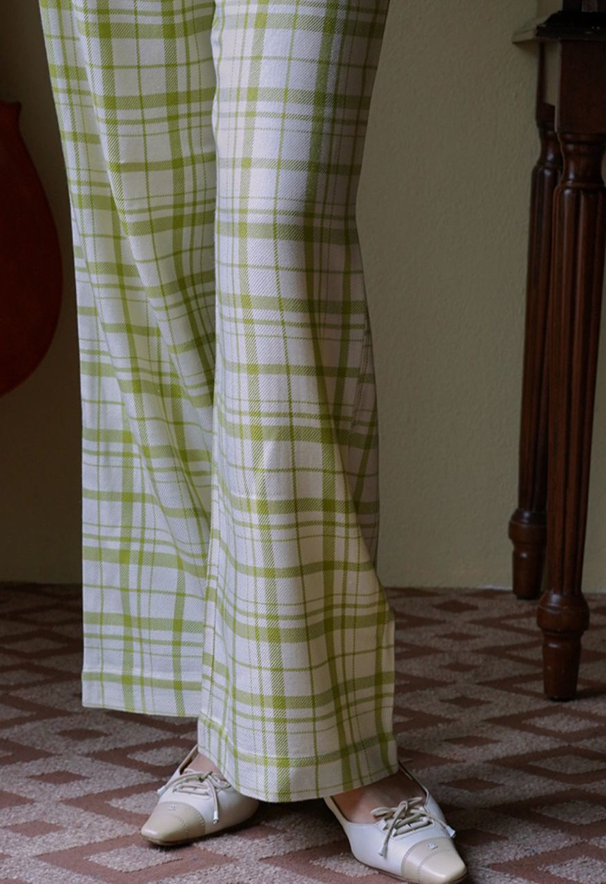 Yellow-green plaid wide-leg pants