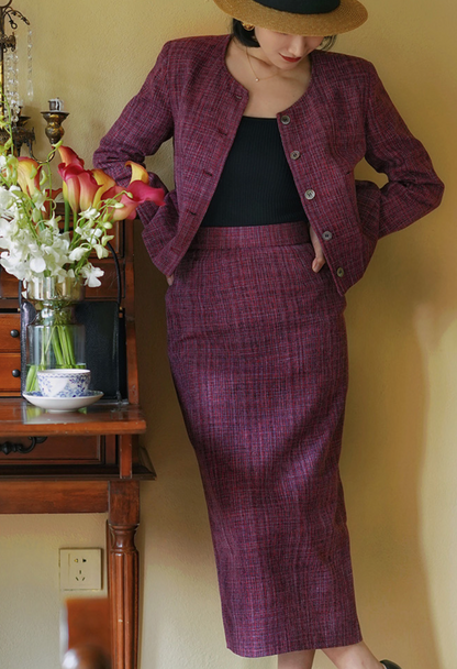 Blue-purple lady tweed jacket and classical skirt