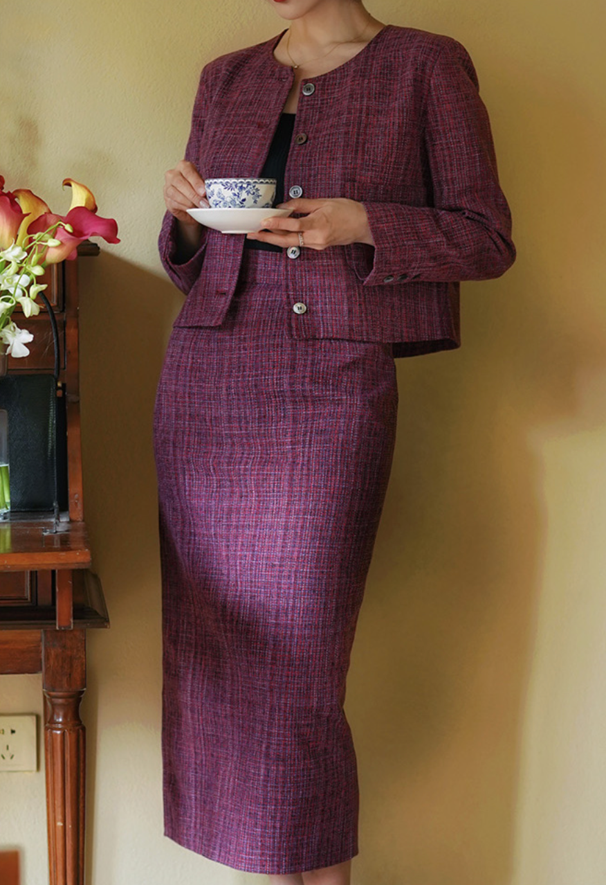 Blue-purple lady tweed jacket and classical skirt