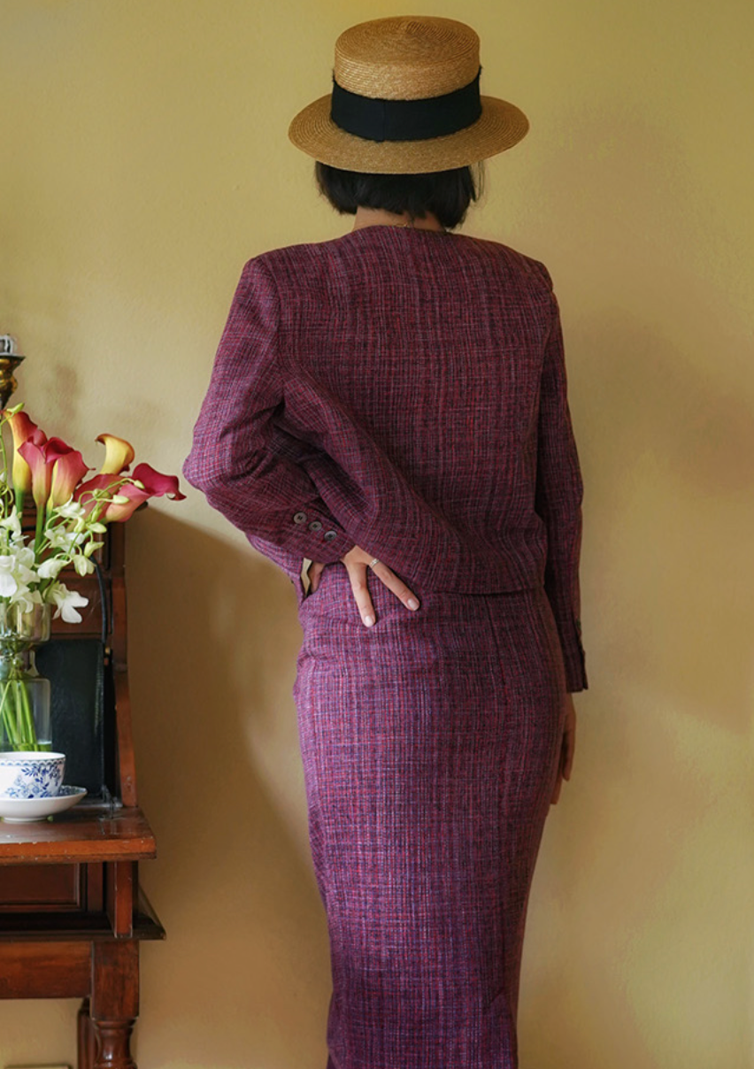 Blue-purple lady tweed jacket and classical skirt