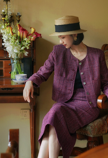 Blue-purple lady tweed jacket and classical skirt