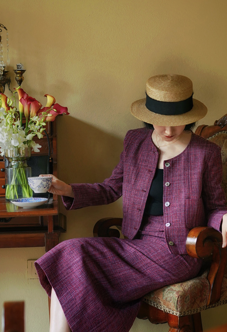 Blue-purple lady tweed jacket and classical skirt