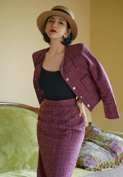 Blue-purple lady tweed jacket and classical skirt