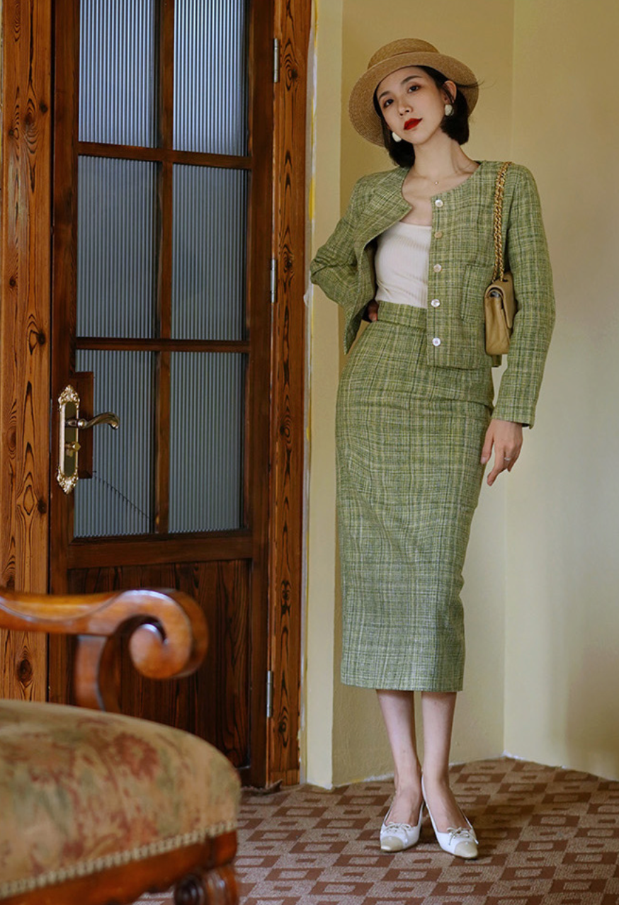 Tweed jacket and classical skirt