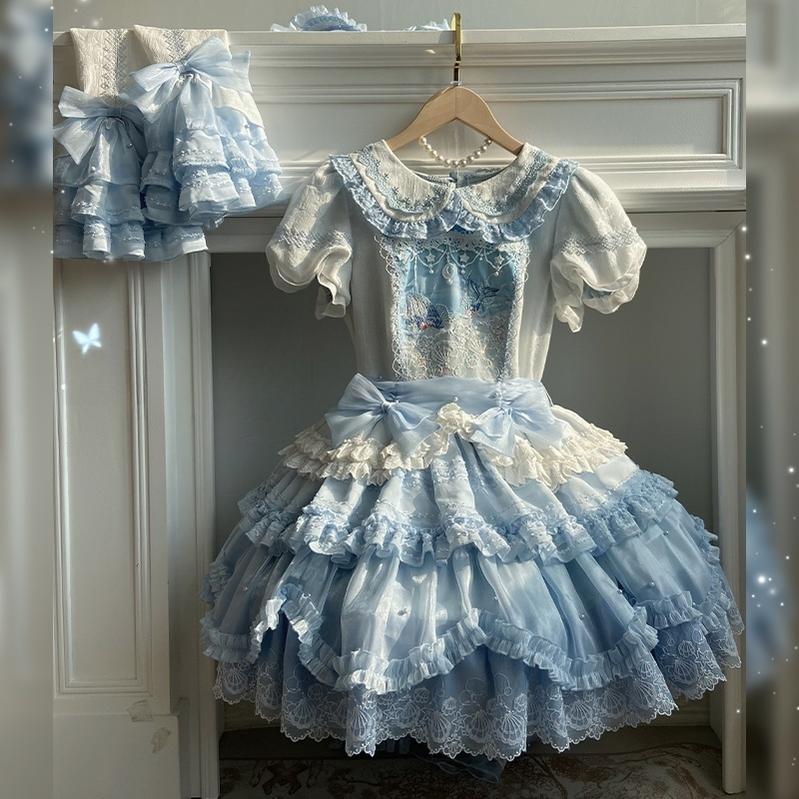Honey Machine - Blue Whale - Sweet Lolita OP Suit Tiered Ruffle Dress with Shell Lace