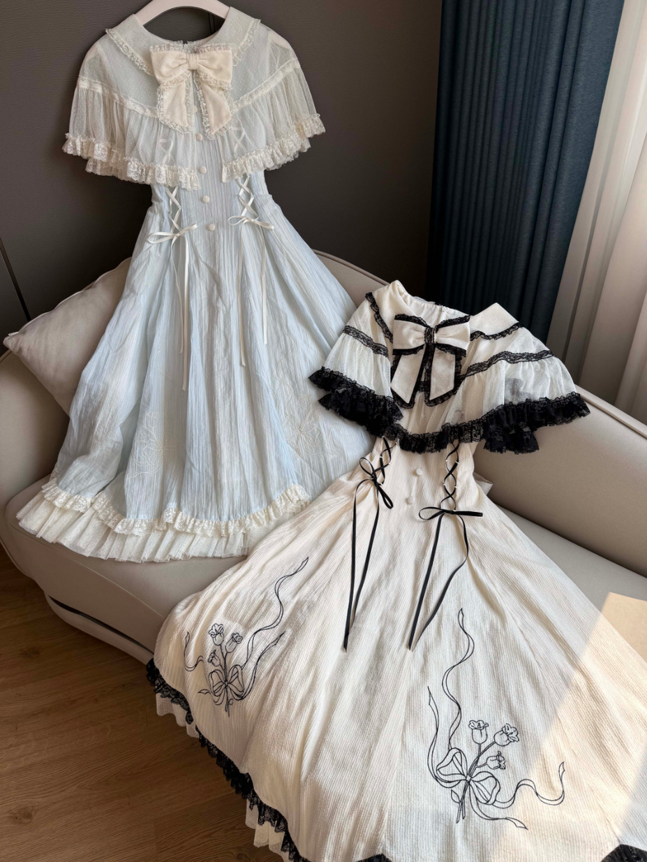 Kuma - Little Wind Chime - Elegant Lolita OP Water Blue Dress With Decorative Tulle Cape