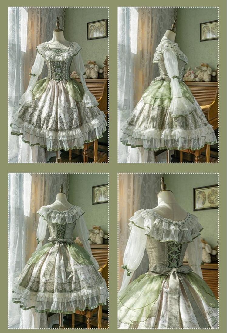 YingLuoFu - Teacup Bunny - Classic Lolita OP Dress, Fresh Green Floral Print
