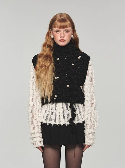 Turtleneck beaded sleeveless vest【s0000004157】