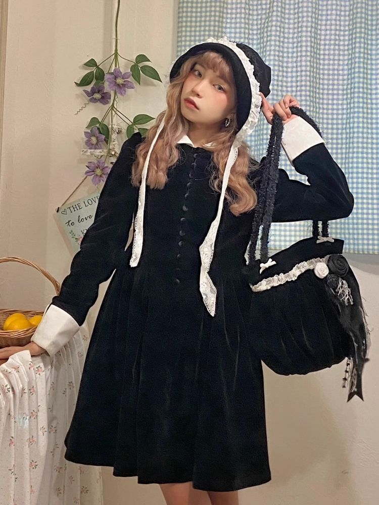 Vintage Ruffled Lace Rose Black Velvet Tote Shoulder Bag【s0000004512】