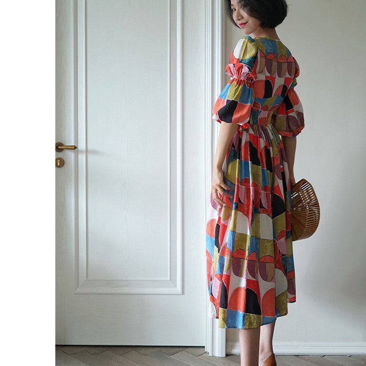 Geometric pattern oil painting dress