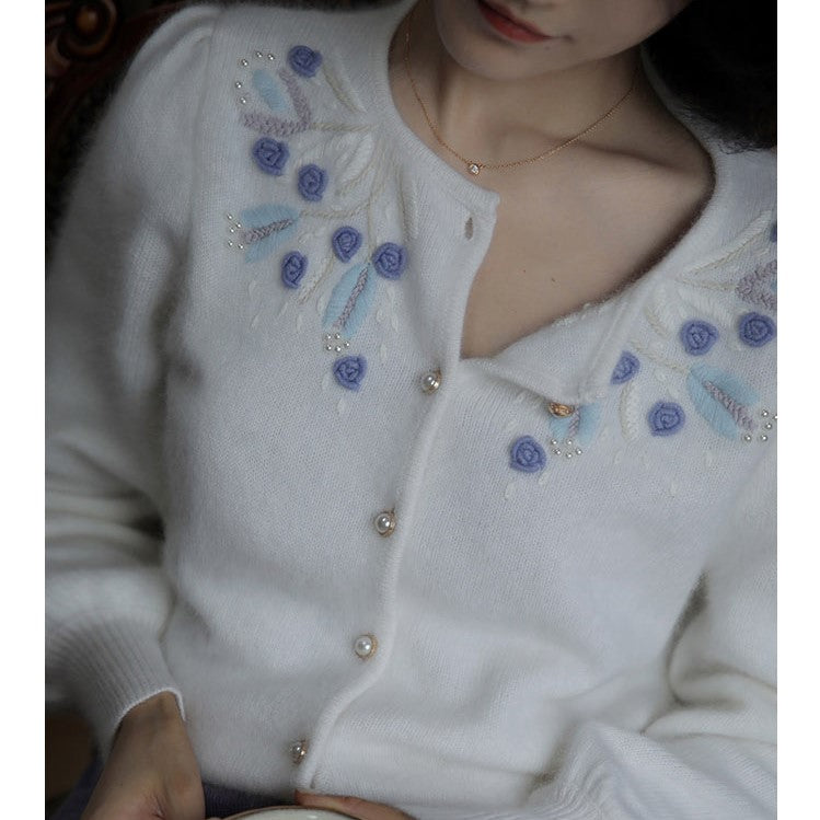 blue flower embroidery knit cardigan