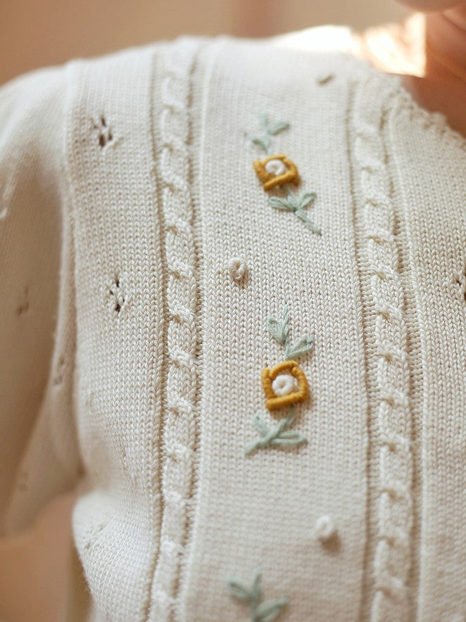 Ivory Flower Embroidered Knit Cardigan