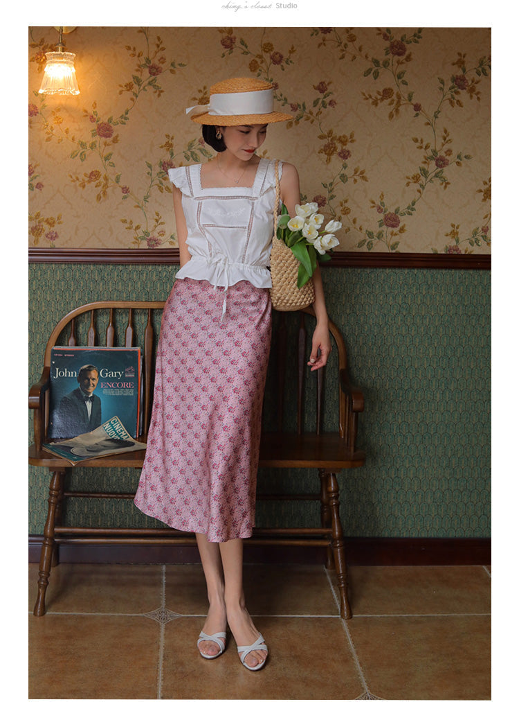 Pink flower pattern french skirt