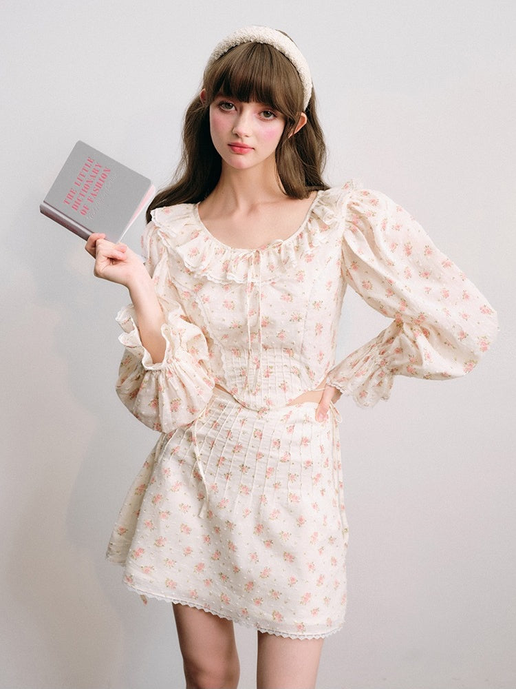 Floral Frill Collar Cropped Shirt ＆ A-Line Mini Skirt【s0000003850】