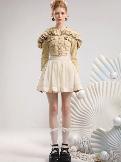 Khaki Denim Top Organza Half Skirt Two Piece Set【s0000006819】