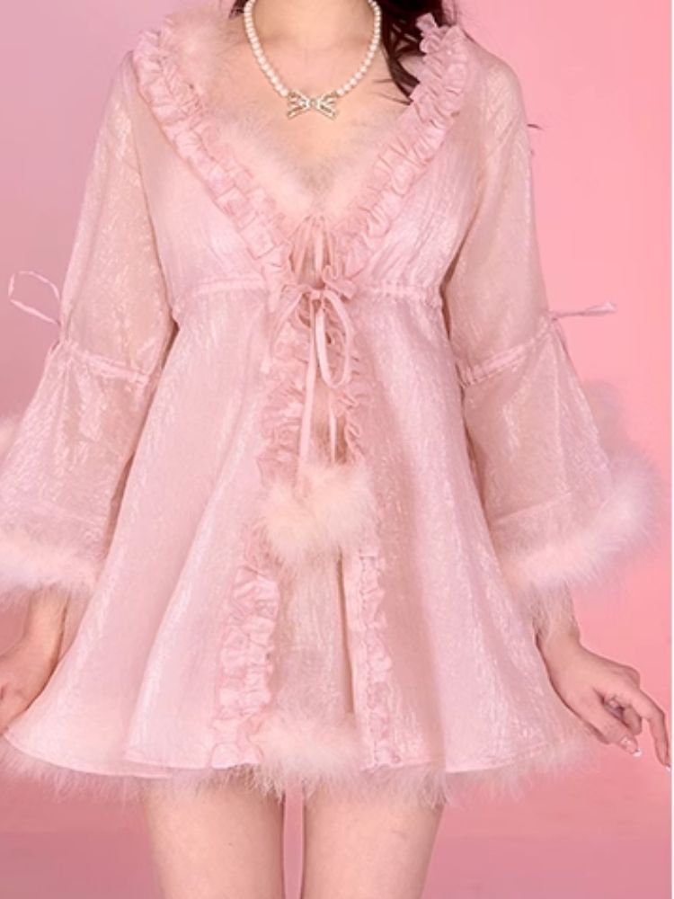 Sexy Pajamas Pink Halter Dress Robe Set【s0000006583】