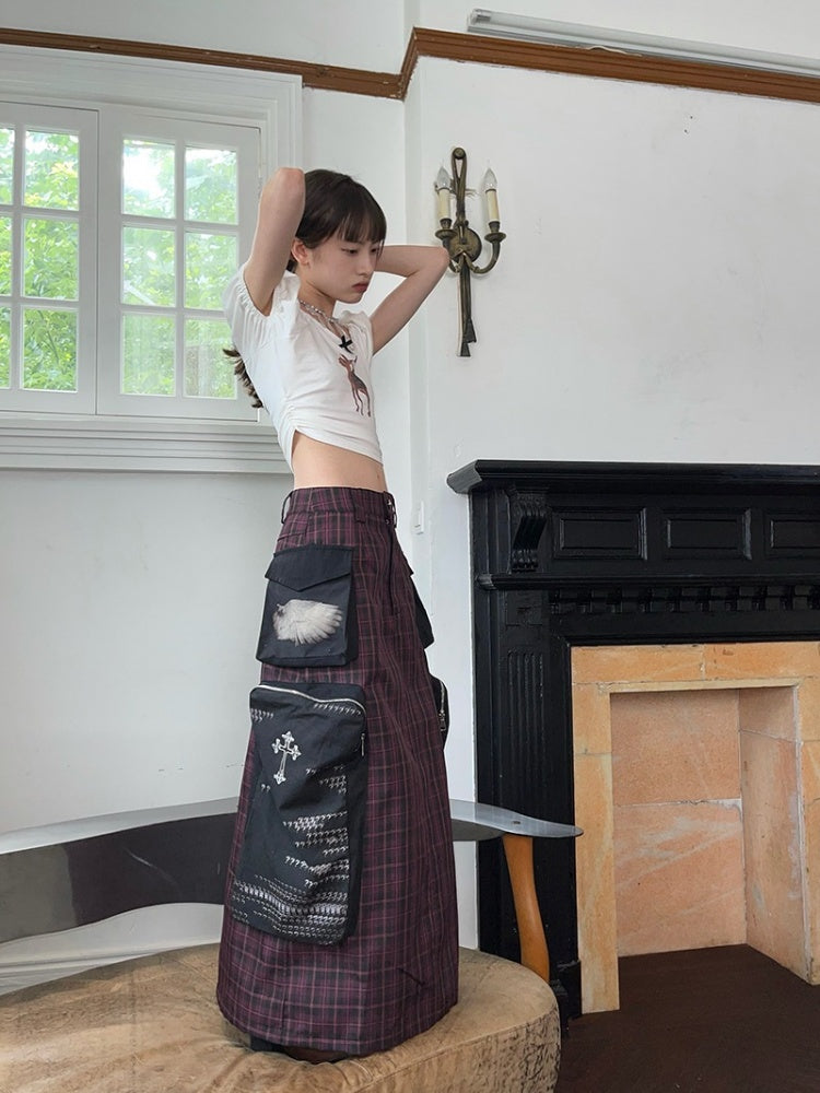 Plaid Zipper Short Jacket & Patch Pocket Long Skirt【s0000003884】