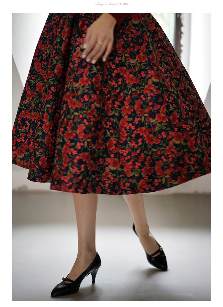 red flower jacquard skirt