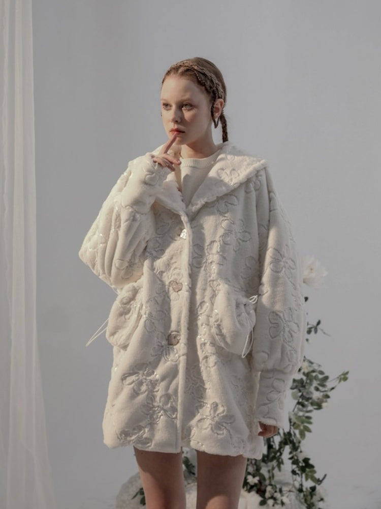 Embroidery Flower Lace Faux Fur Long Coat【s0000003855】