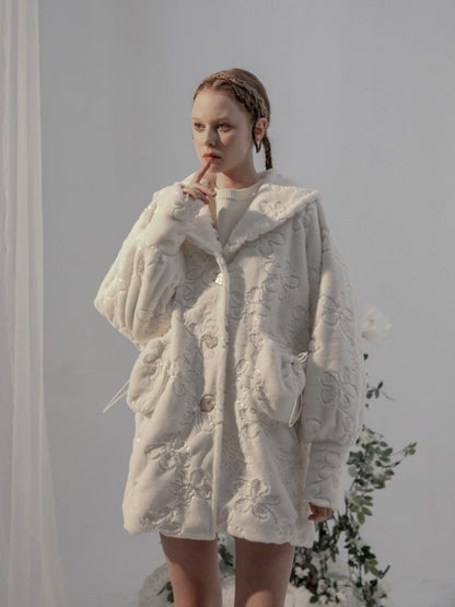 Embroidery Flower Lace Faux Fur Long Coat【s0000003855】