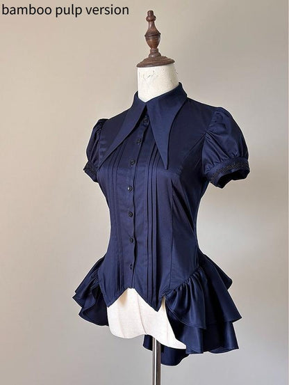 FlowerFairyDaily - Midnight Prayer - Solid Lolita Shirt with Flowing Tiered Back Hem
