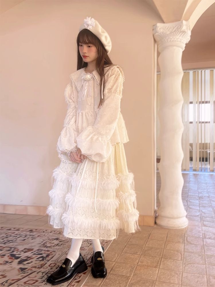 Loose Vintage Lace Bubble Long Sleeve Shirt【s0000004901】