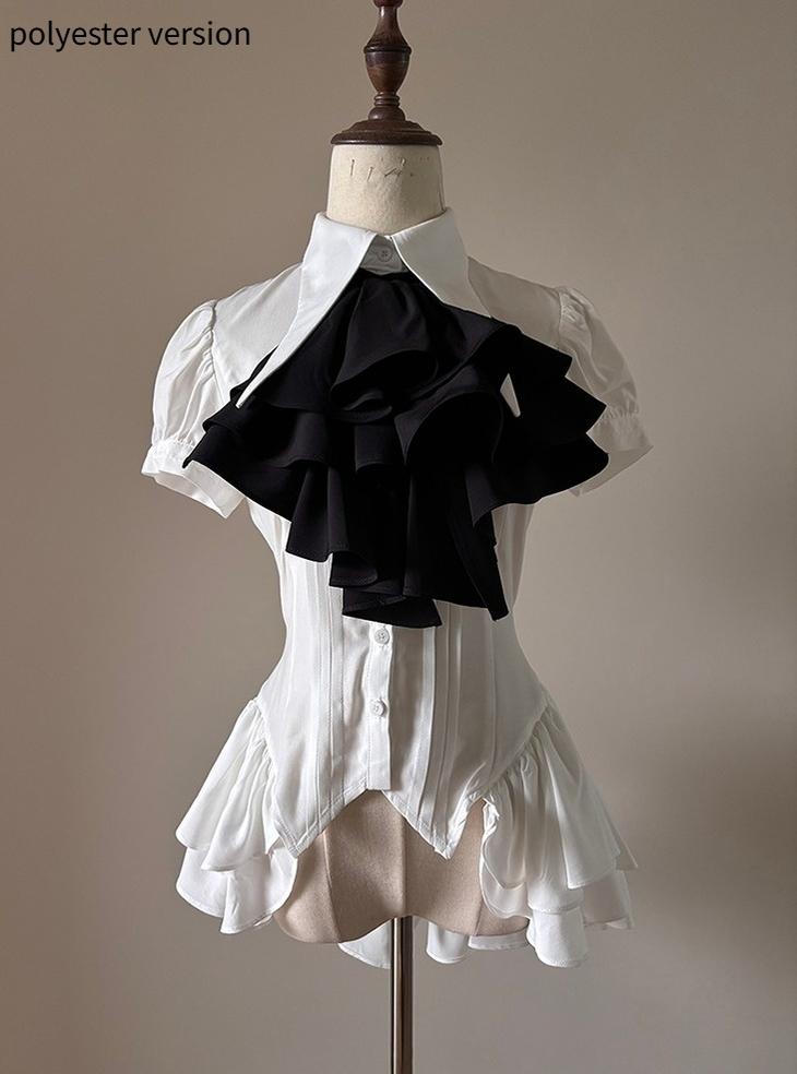 FlowerFairyDaily - Midnight Prayer - Solid Lolita Shirt with Flowing Tiered Back Hem