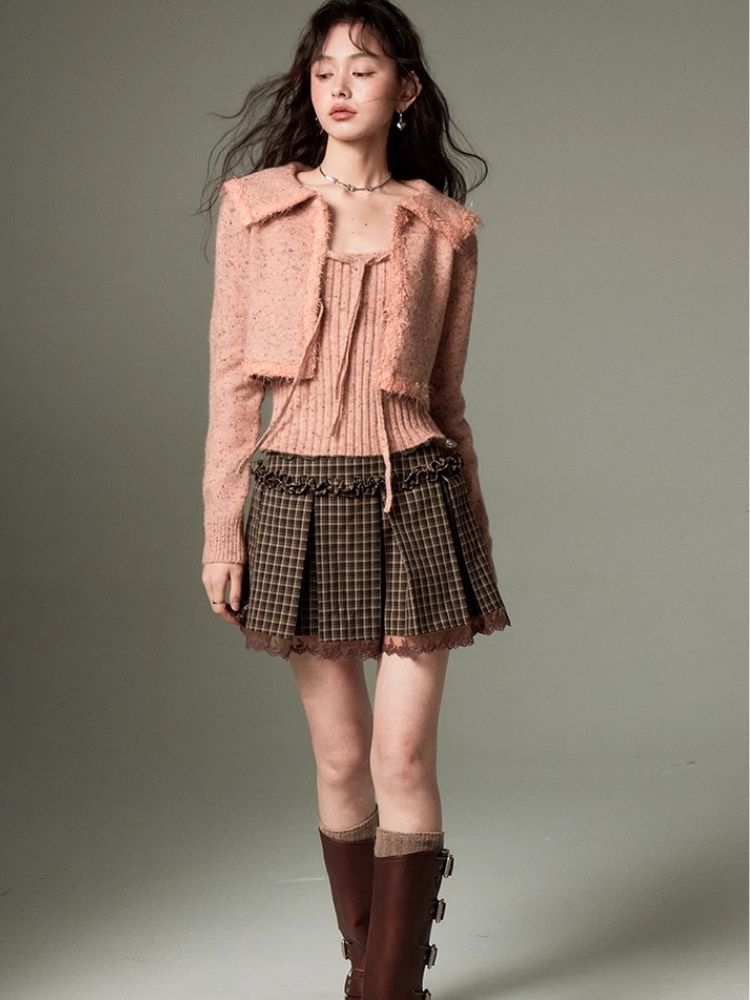 Elegant slim knit cardigan + vest 2-piece set【s0000003959】