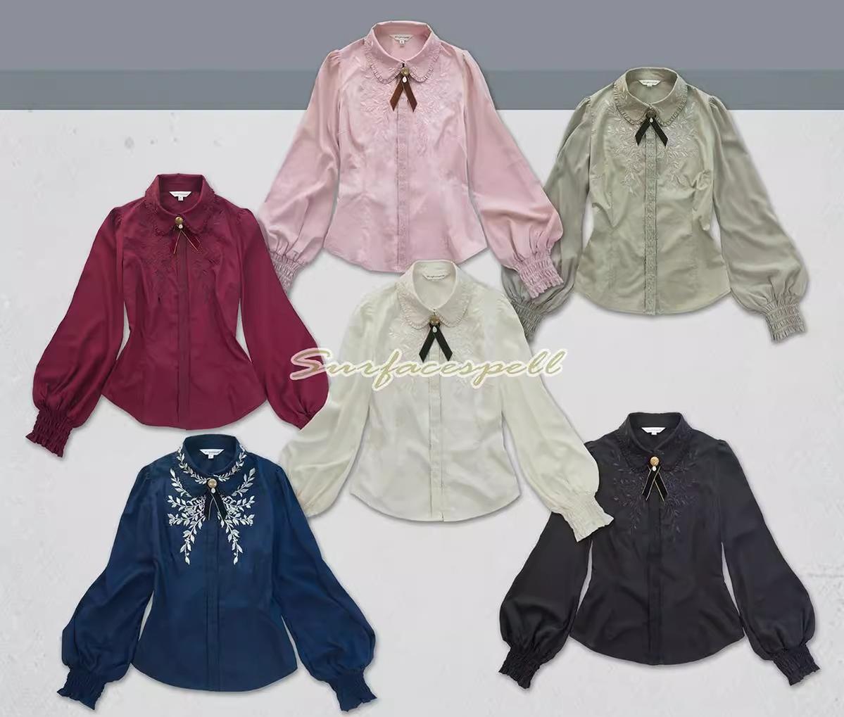 Surface Spell - Ship to Wonderland - Classic Lolita Shirt With Vine Embroidery/Brooch