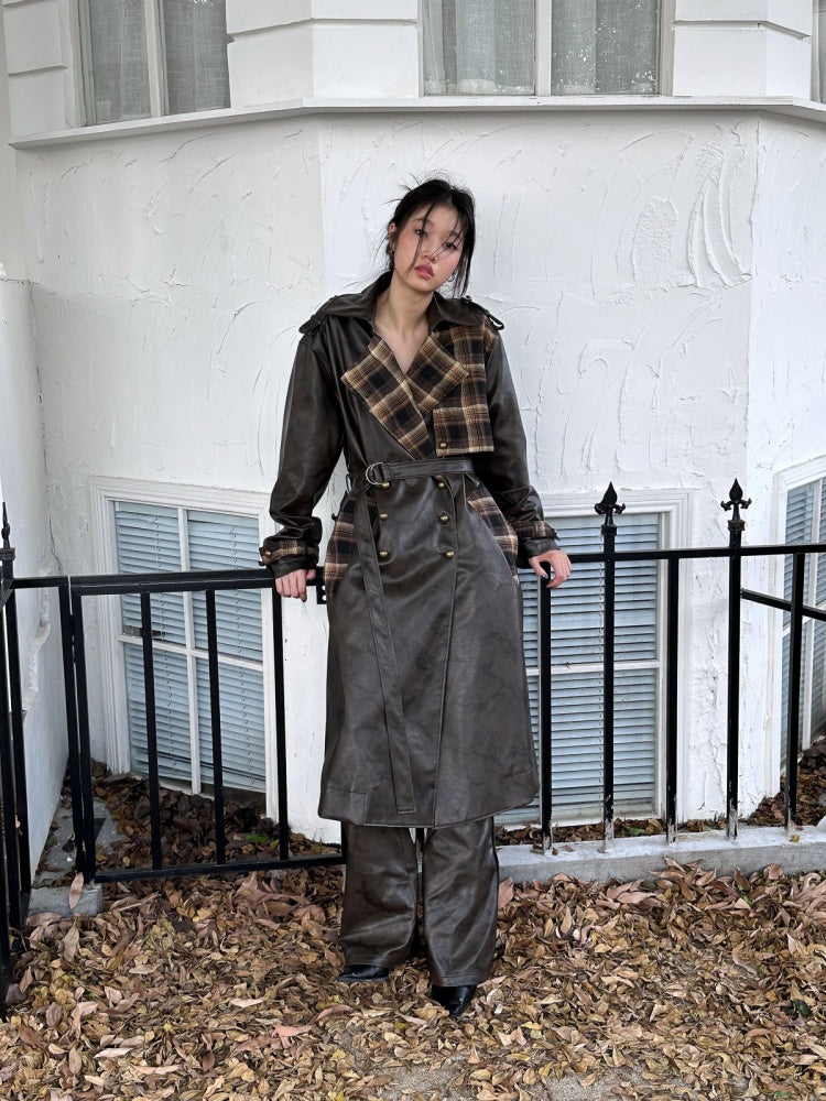 Plaid Splicing PU Leather Double Breasted Long Jacket【s0000004160】
