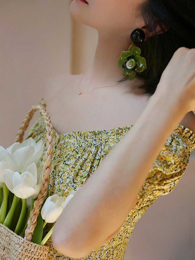 Yellow green bouquet french dress