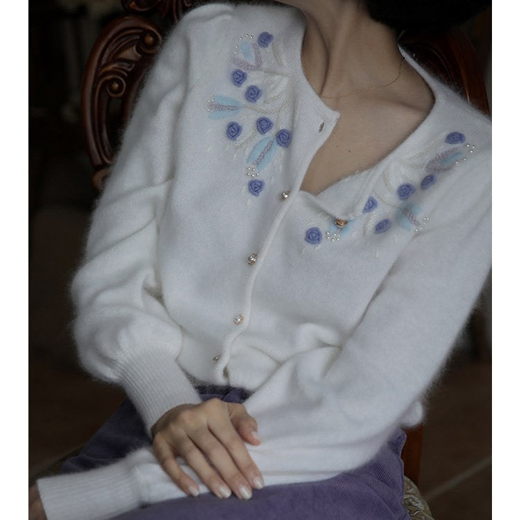 blue flower embroidery knit cardigan