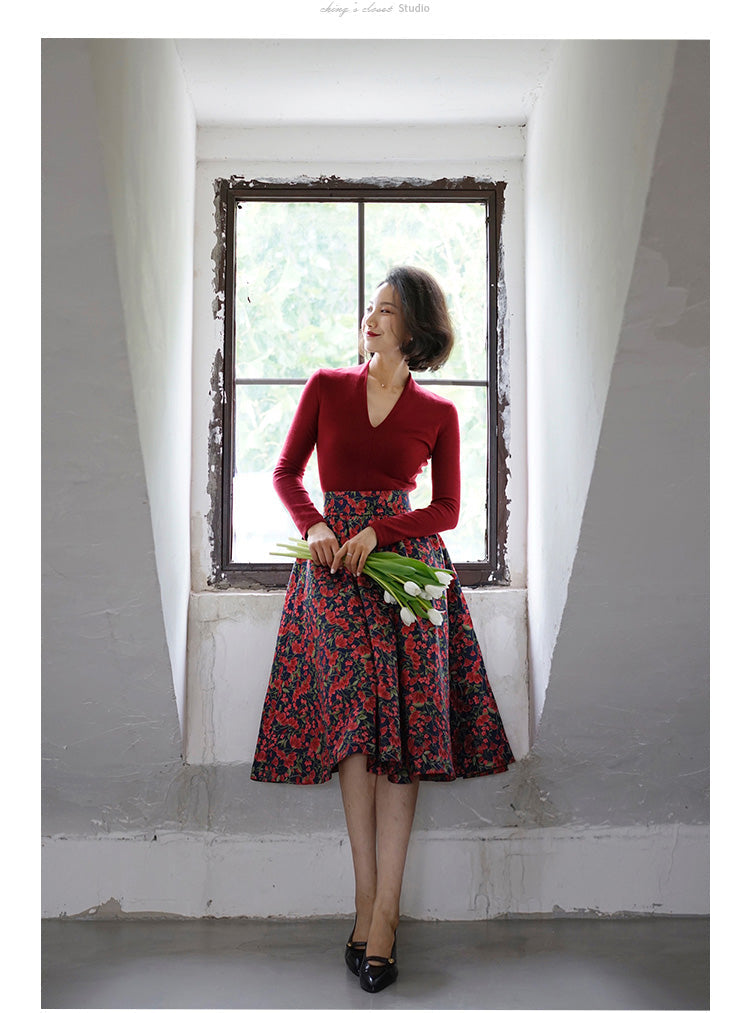 red flower jacquard skirt