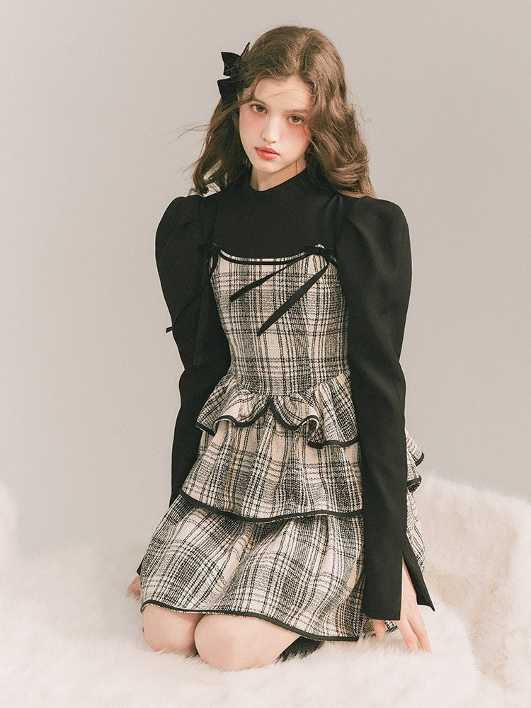 Plaid Cake Skirt Faux Two Piece Dress【s0000003859】