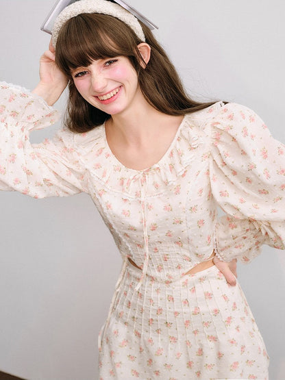 Floral Frill Collar Cropped Shirt ＆ A-Line Mini Skirt【s0000003850】