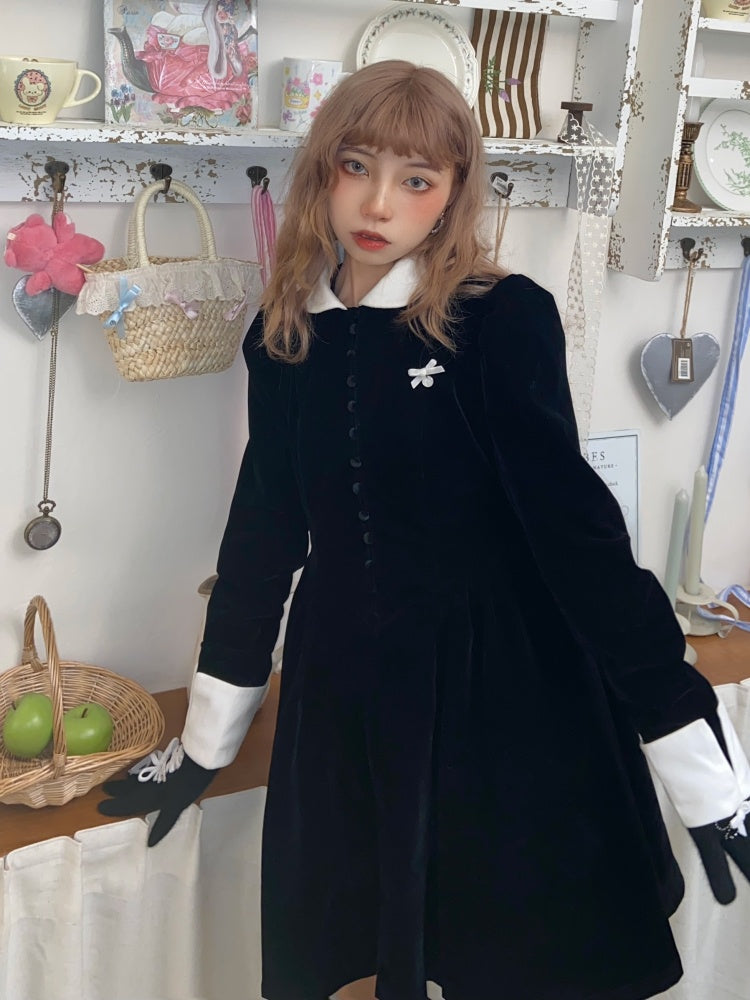 Classical Velvet Puff Sleeves Dress【s0000004413】