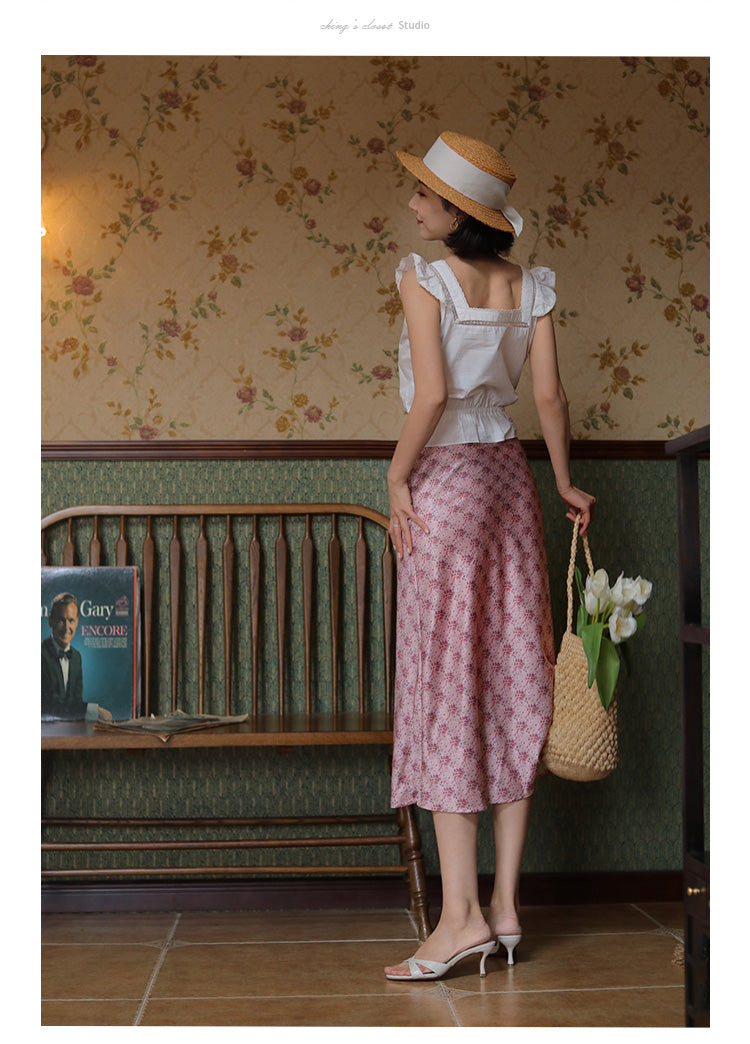 Pink flower pattern french skirt