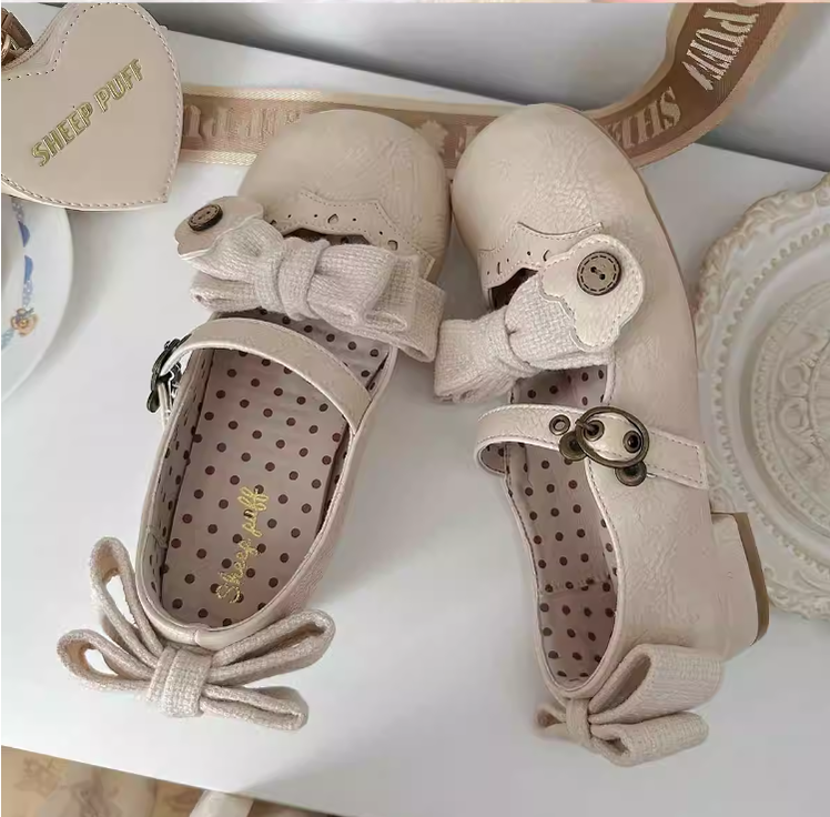 Sheep Puff - Bear Room - Sweet Lolita Shoes Double Bow Round Toe Flat Shoes