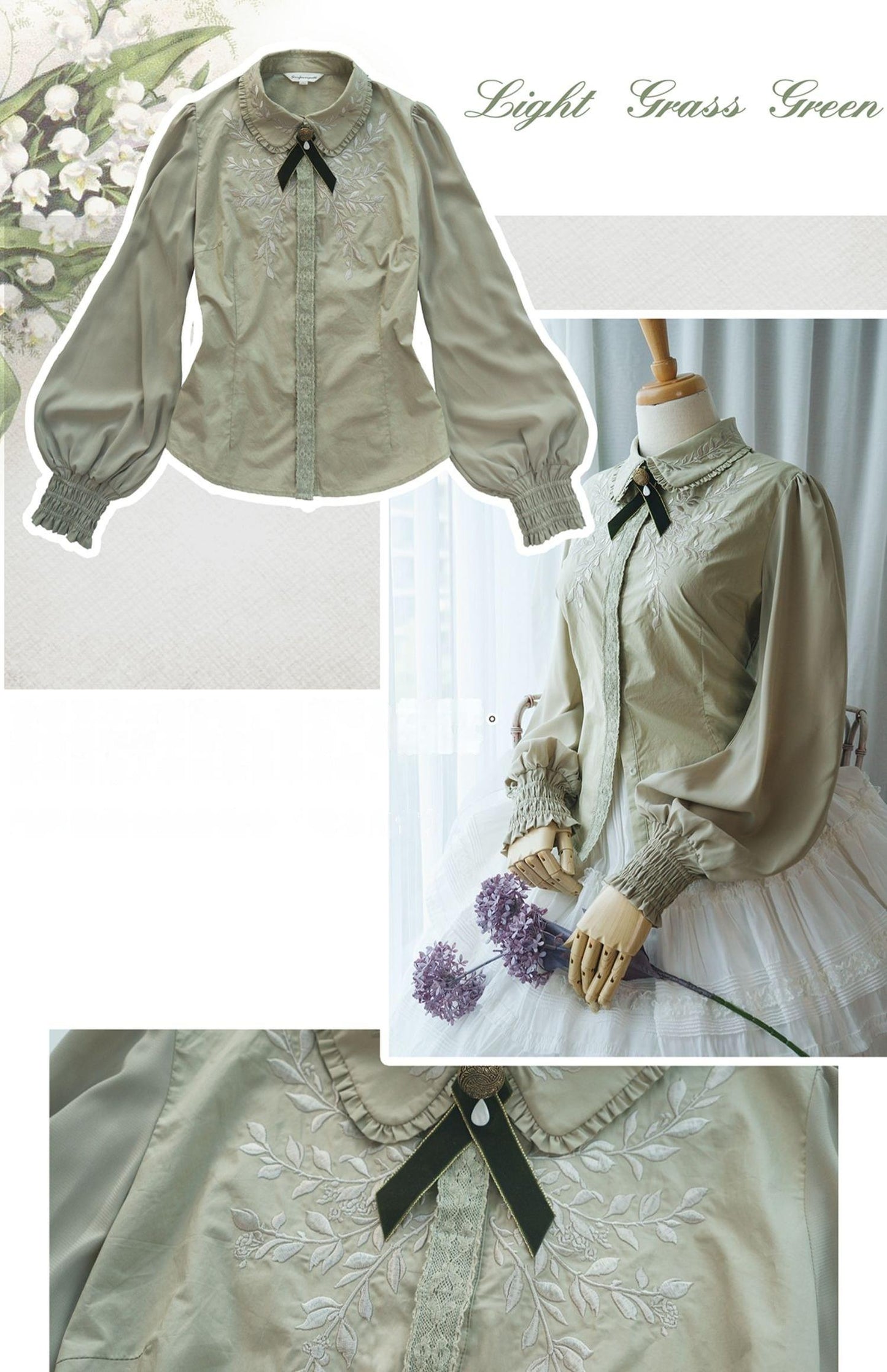 Surface Spell - Ship to Wonderland - Classic Lolita Shirt With Vine Embroidery/Brooch