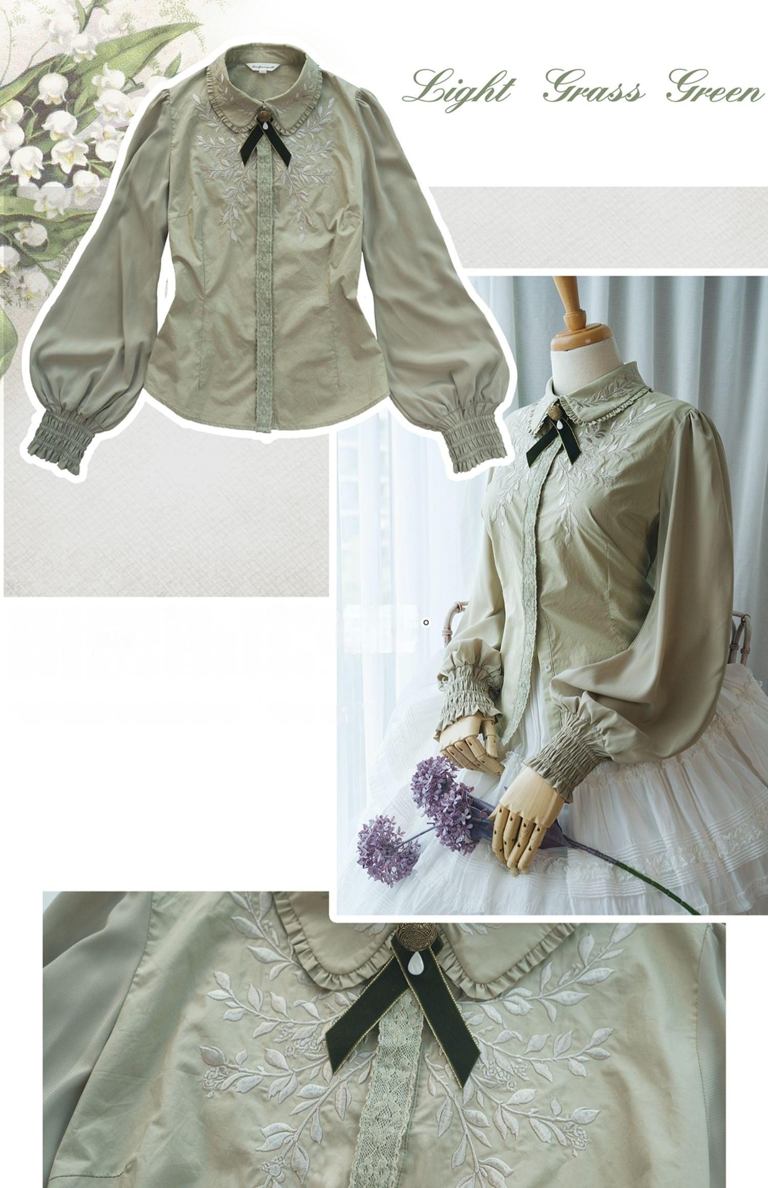 Surface Spell - Ship to Wonderland - Classic Lolita Shirt With Vine Embroidery/Brooch